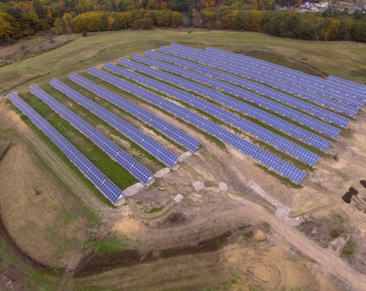 Portland's solar power array is shown as it nears completion after delays to fix the landfill beneath it in 2018.