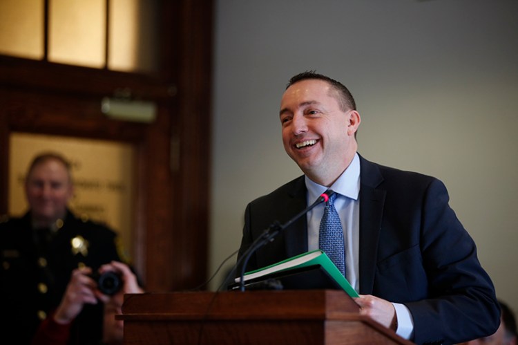 Micheal Sauschuck delivers his opening statement in his confirmation hearing before the Legislature's Criminal Justice and Public Safety Committee on Friday. He was confirmed on Tuesday.