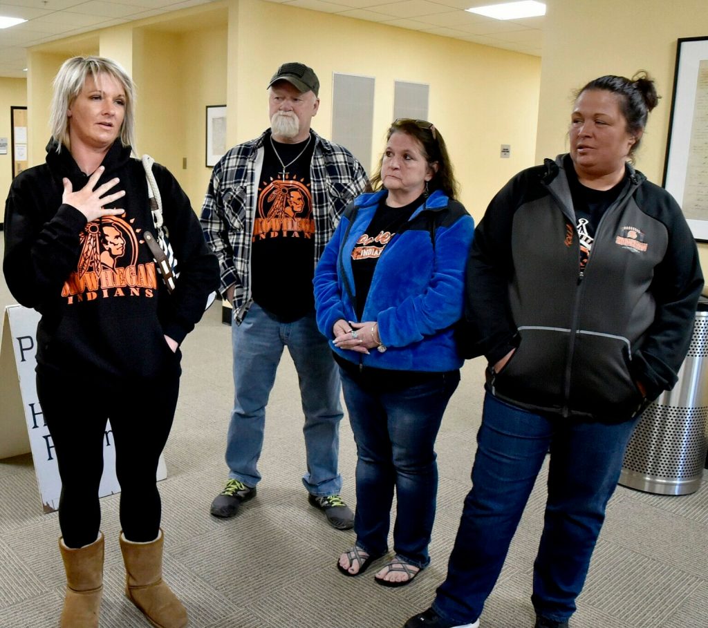 SAD 54 area residents including Michelle Lewis, left, react to a vote to approve a bill to ban the use of Native American mascots in public schools during a hearing in Augusta on Monday. Left to right is Lewis, Larry Hannigan, an unidentified person and Nikki Johnson. The committee voted 7-5 that the bill ought to pass. It is now headed for the House of Representatives.