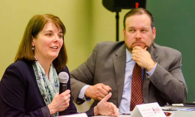 Heather Johnson, commissioner of the state Department of Economic and Community Development, speaks at recent business event in Augusta. Johnson expressed disappointment that lawmakers did not endorse $15 million in bonds to expand broadband access in Maine. She is the former director of ConnectME, the state agency that oversees broadband access in Maine. Looking on is  Keith Luke, deputy director of development services for the city of Augusta. 