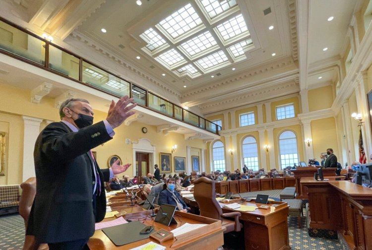 Sen. David Miramant, D-Camden, speaks Wednesday against holding remote committee hearings on Zoom because of the COVID-19 pandemic during a debate on rules for the session on first day of the 130th Legislature's second session.