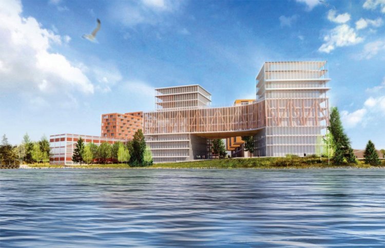 A 20-year redevelopment plan anticipates a three-phase plan to build at least six new buildings on the former B&M Baked Beans property for the Roux Institute at Northeastern University. This is a conceptual rendering for planning only – the actual design has yet to be finalized.