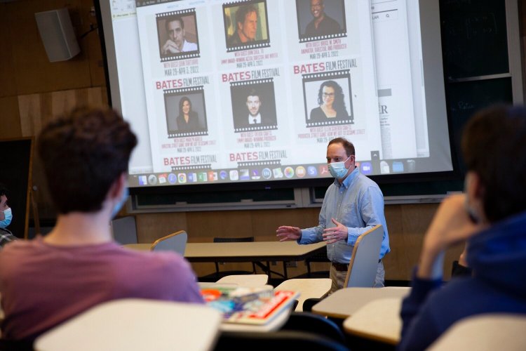  Jonathan Cavallero works with students in his film festival studies course at Bates College in Lewiston on the upcoming Bates Film Festival. 