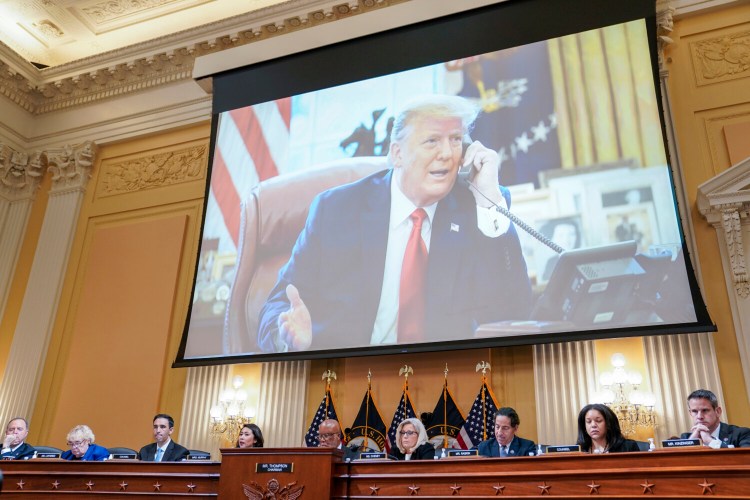 President Donald Trump is shown in a video as the House select committee holds a public hearing investigating the Jan. 6 attack on the U.S. Capitol in Washington, Tuesday, July 12, 2022. MUST CREDIT: Washington Post photo by Demetrius Freeman.