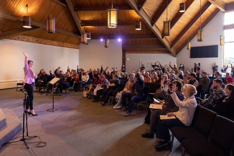 Rep. Laurel Libby, a Republican from Auburn, asks the crowd to raise their hand if they are going to write a message to their representative during a Speak Up for Life event at New City Church in Bath on Saturday, March 25. At the event Libby and others train attendees on how to write an email to their legislators, letters to the editor of their local paper and how they can show up to testify against a bill that would expand access to abortion in Maine after viability with a doctor’s approval. 